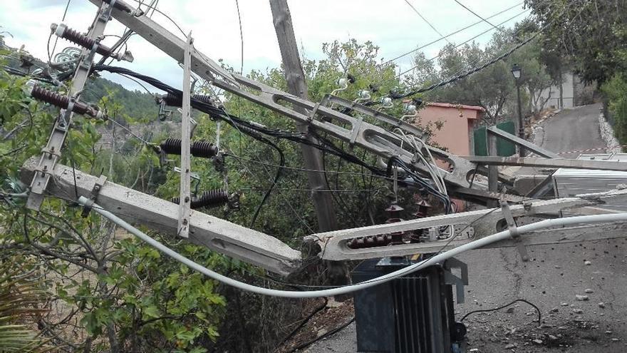 Imagen del poste eléctrico derribado por la palmera.