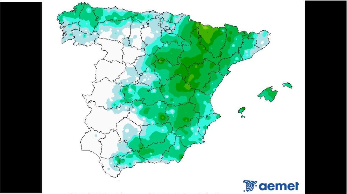 Precipitaciones registradas en las últimas 24 horas en España, en mapa elaborado por la Aemet.