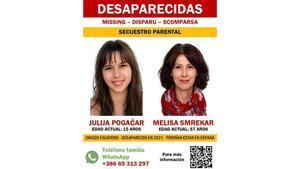 Cartel por la desaparición de Julija y Melisa, con una recreación de cómo sería ahora su aspecto físico actual.