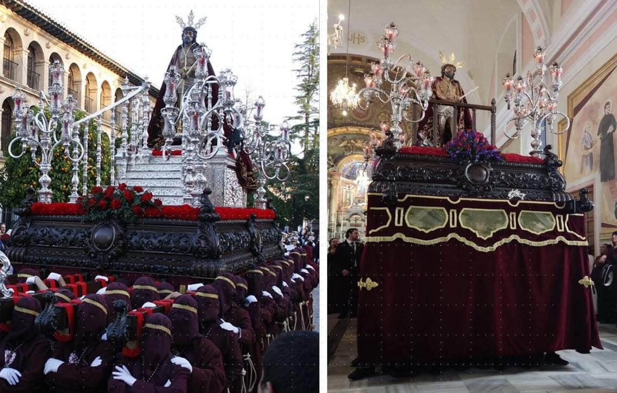 Imagen del Ecce Homo de Ronda portado con varales y con el paso de costaleros que lleva en la actualidad.