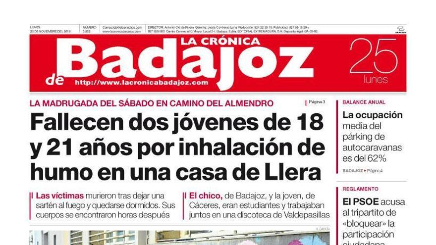 Esta es la portada de LA CRÓNICA DE BADAJOZ correspondiente al día 25 de noviembre del 2019