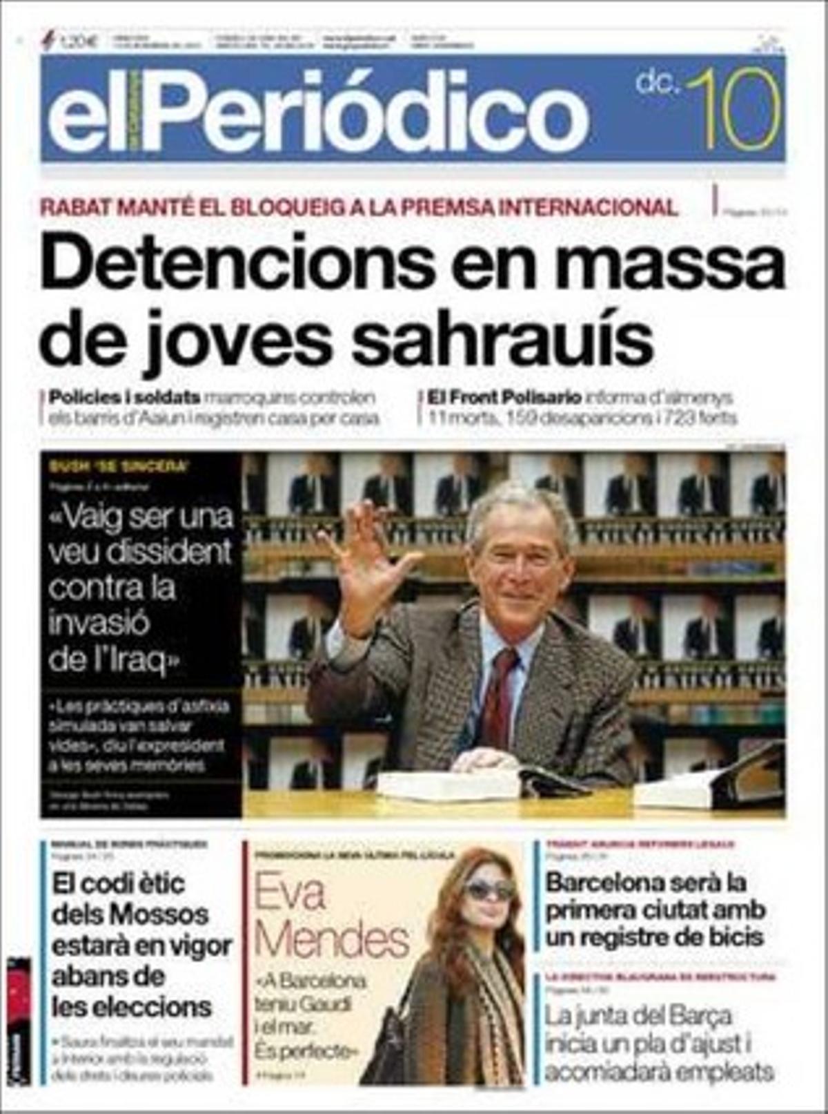 EL PERIÓDICO destaca a les pàgines interiors, a més de les notícies que dóna a la portada, el cara a cara de Montilla, Sánchez-Camacho i Herrera amb els ciutadans d’ahir a la nit a ’Tinc una pregunta per a vostè’ de TVE; que el PSC pretén pactar en plena campanya les inversions del 2011; que un jove aragonès va demanar a Mas que nacionalitzés la banca; que Spanair encara ignora per què va fallar l’alarma de l’avió que es va estavellar a Barajas fa 26 mesos; que els experts de la Unesco avalen que els castells siguin patrimoni mundial i que els caganers busquen impuls internacional; que Barcelona posarà en marxa el registre de bicis; que la UE multa amb 799 milions 11 aerolínies per pactar preus; que els muncipis controlaran els apartaments turístics, i que l’amo de Red Bull prohibeix al seu equip fer trampes en l’última carrera del Mundial.