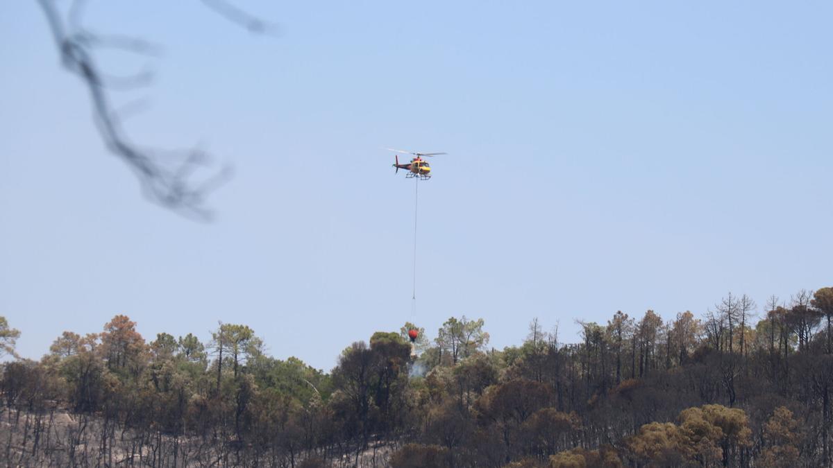 Un helicòpter descarregant aigua a la zona cremada per l'incendi de les Gavarres