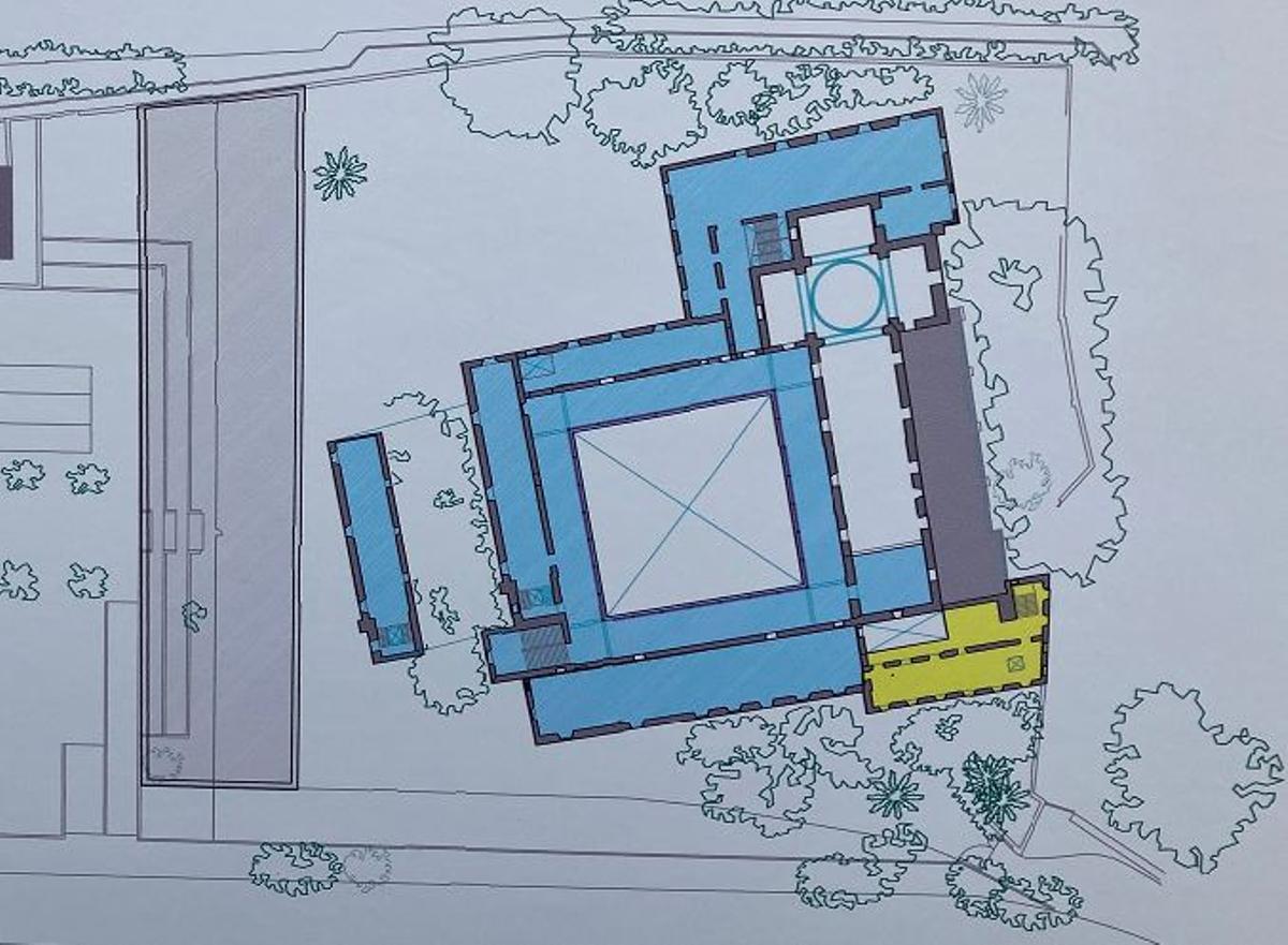 Imagen del proyecto. La zona azul es la del centro cultural, la amarilla es la de espacios logísticos. La parte sombreada es la del archivo intermedio.