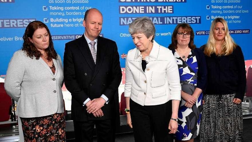 May, ayer, en Bristol, en un acto conservador para las elecciones europeas. // Reuters