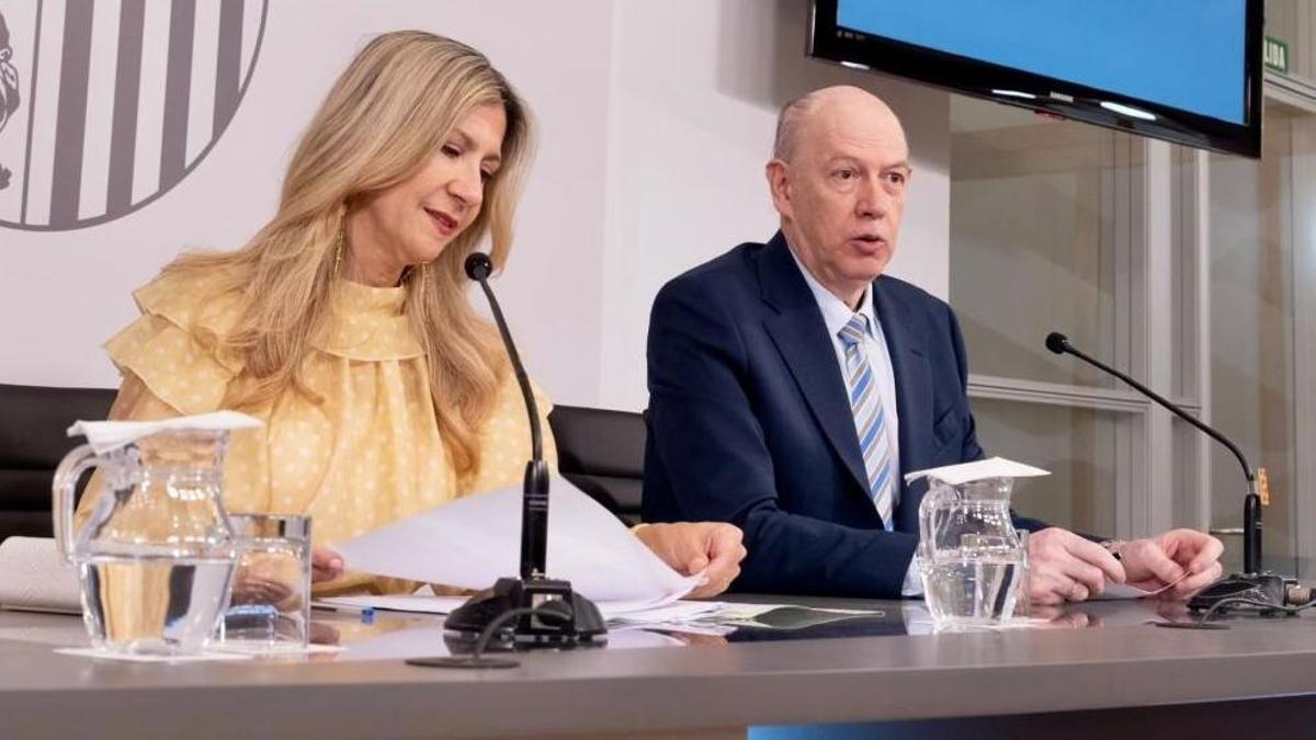 La vicepresidenta de la DGA, Mar Vaquero, y el consejero de Sanidad, Ángel Sanz, este miércoles en rueda de prensa.