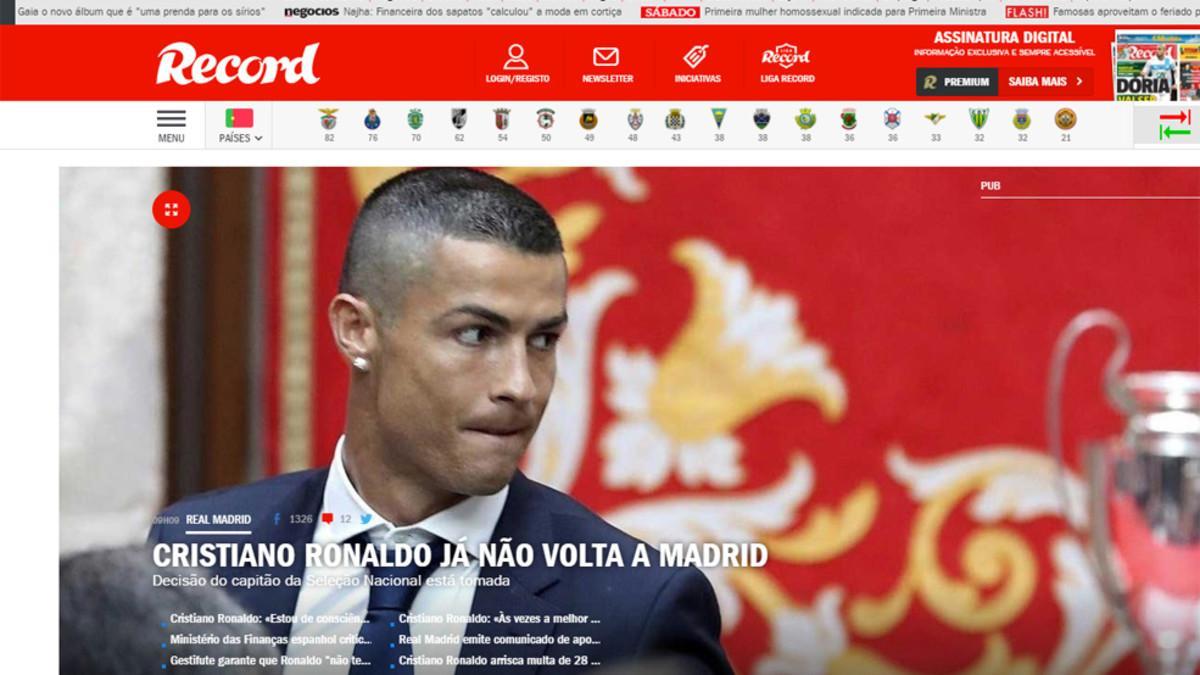 La portada la página web de Record con la imagen de Cristiano Ronaldo