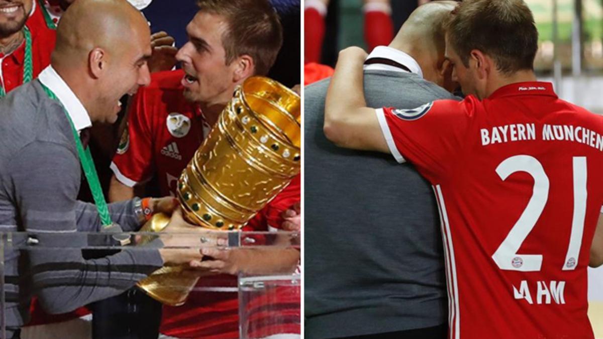 Lahm y Guardiola hicieron gala de su buena relación durante la celebración de la Copa