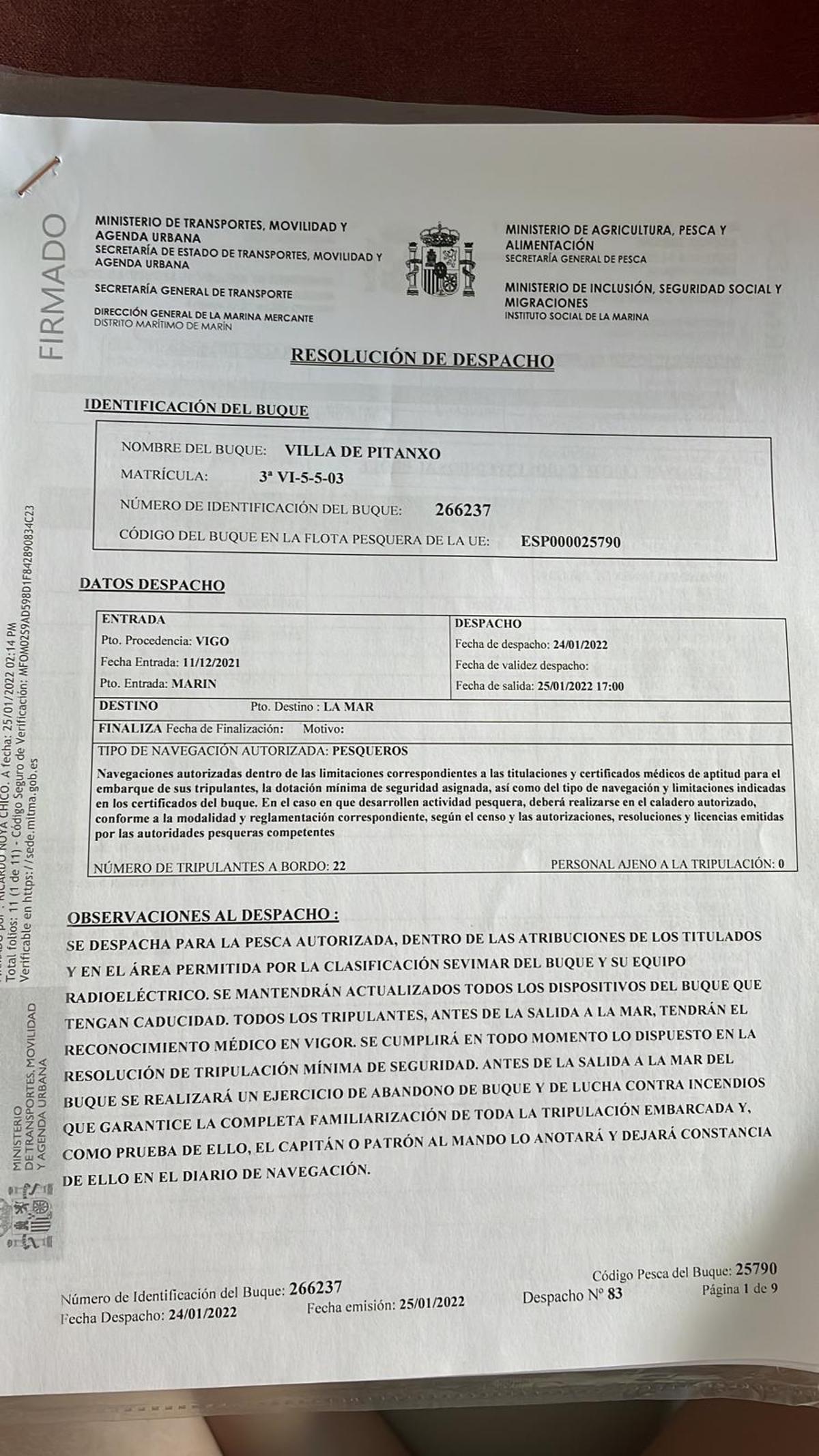 Despacho del "Villa de Pitanxo"