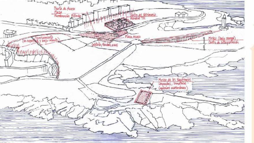 Ilustraciones de los proyectos incluidos en el plan director y del centro de interpretación bajo la rampa de acceso.