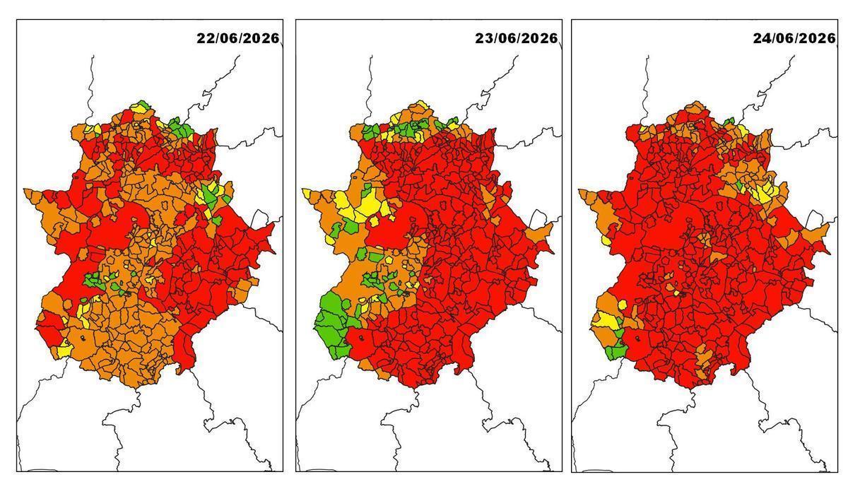 Mapas de riesgo de incendios forestales en Extremadura de este lunes, mañana martes y el 24 de junio.