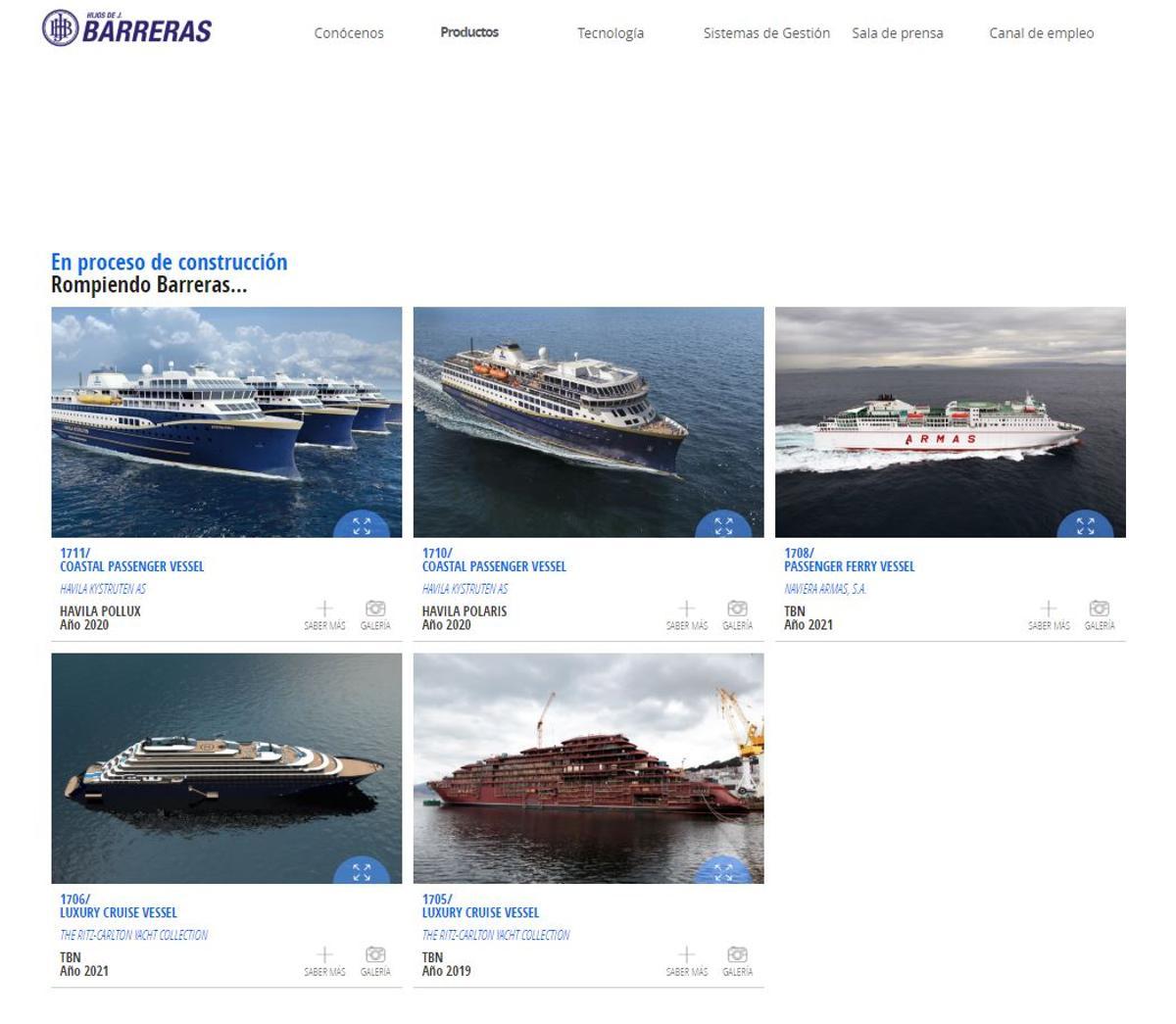 Cartera de pedidos de Barreras (el astillero), tal y como constaba cuando su web desapareció