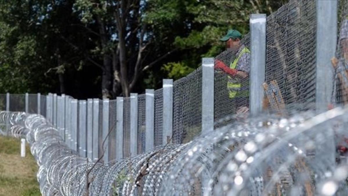 Trabajos en un sector de la valla levantada por Hungría en su frontera con Serbia, el 31 de mayo.