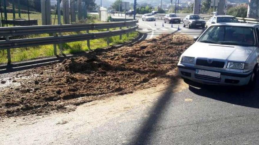 Un camión pierde una carga de estiércol a la altura de Alvedro