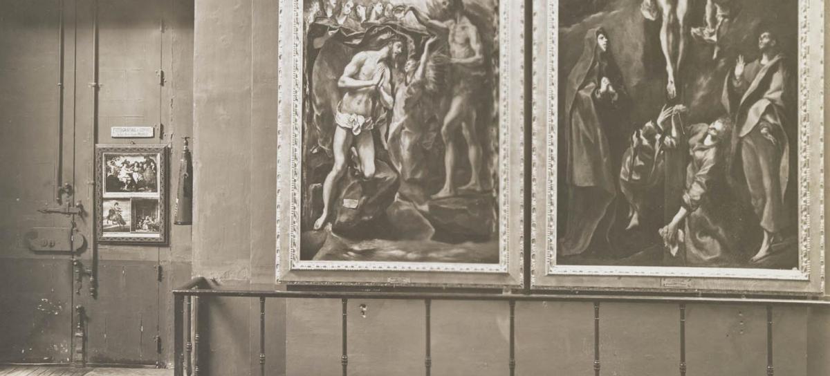 Detalle de 'Vista de la galería central del Museo del Prado con establecimiento para la venta de fotografías', de José Lacoste y Borde.