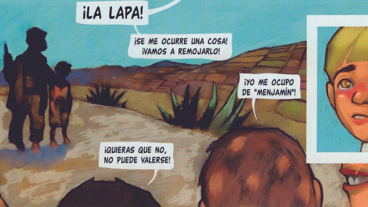 Una viñeta del primer capítulo ‘El mendigo’ en donde Martín y su hijo sufren las burlas de los vecinos.