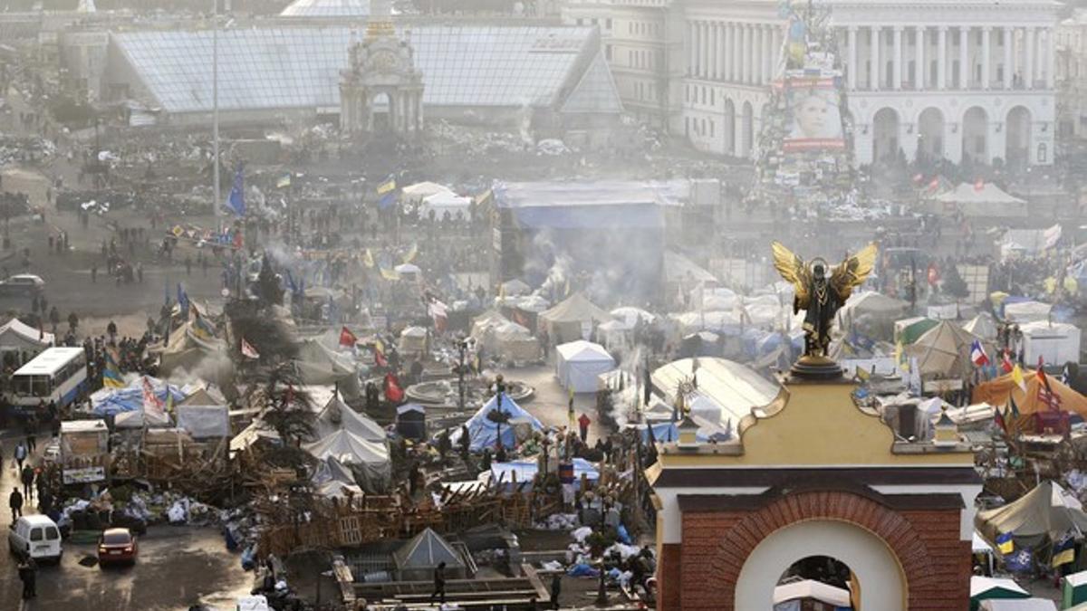 Vista aérea de la plaza de la Independencia de Kiev, a primera hora de este viernes.
