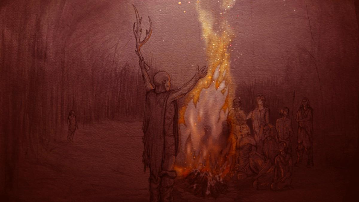 Representación artística de la primera hoguera intencional creada por humanos hace más de 400.000 años.