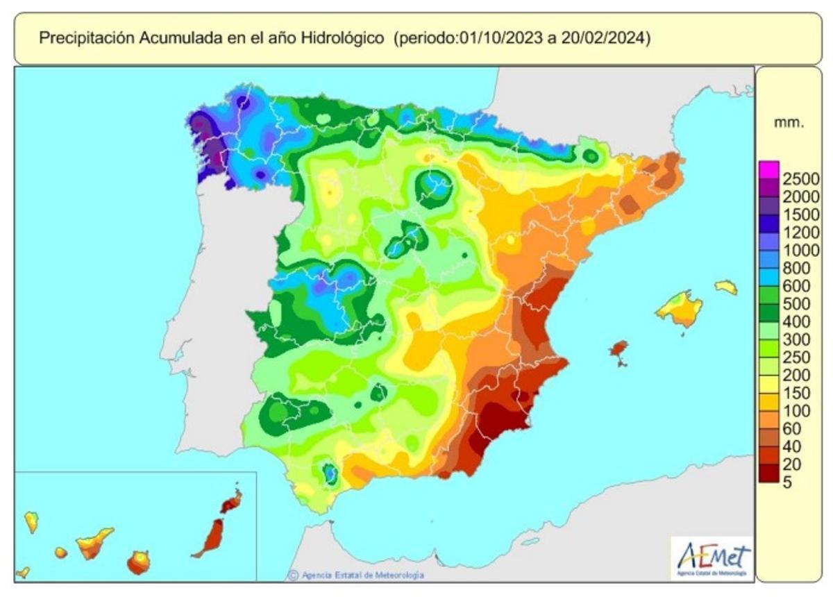 Mapa de la Aemet de la lluvia registrada en España hasta febrero.