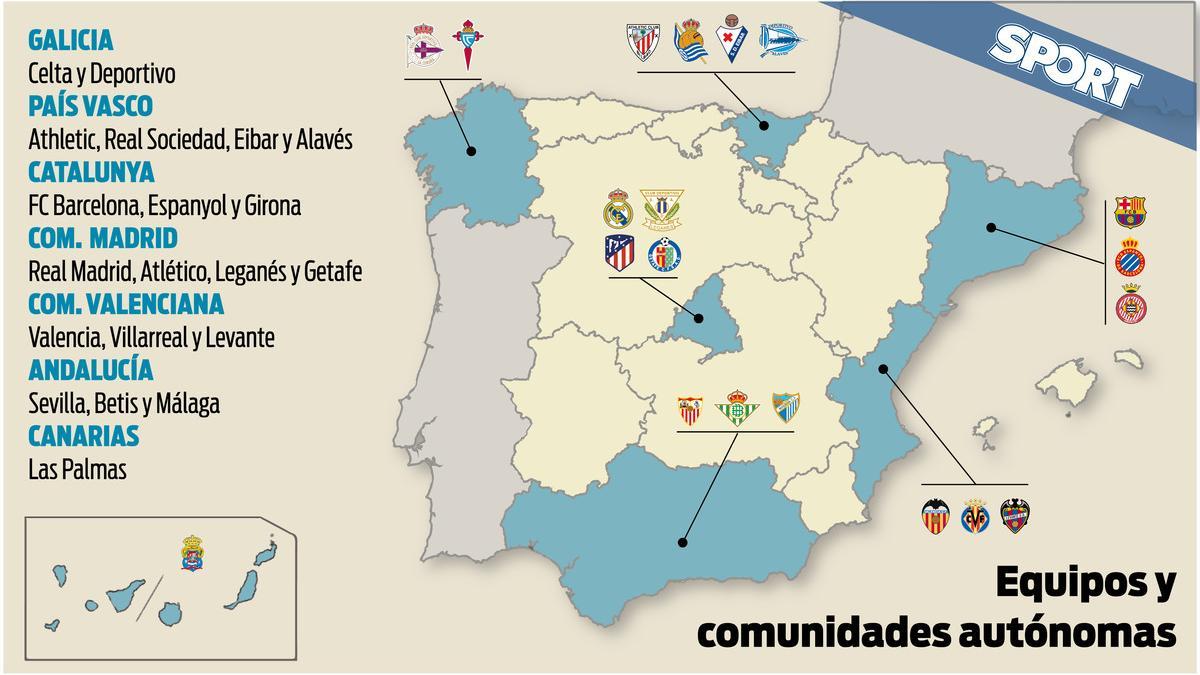 Esta es la distribución geográfica de los 20 equipos que la próxima temporada jugarán la Liga Santander