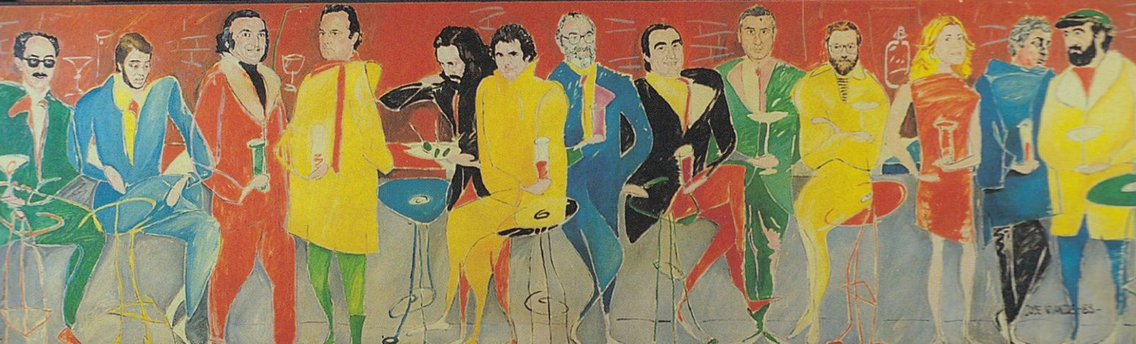 Mural del pub Pick-Up realizado por Vivancos en 1983 con algunos de los personajes más populares de la vida asturiana del momento.