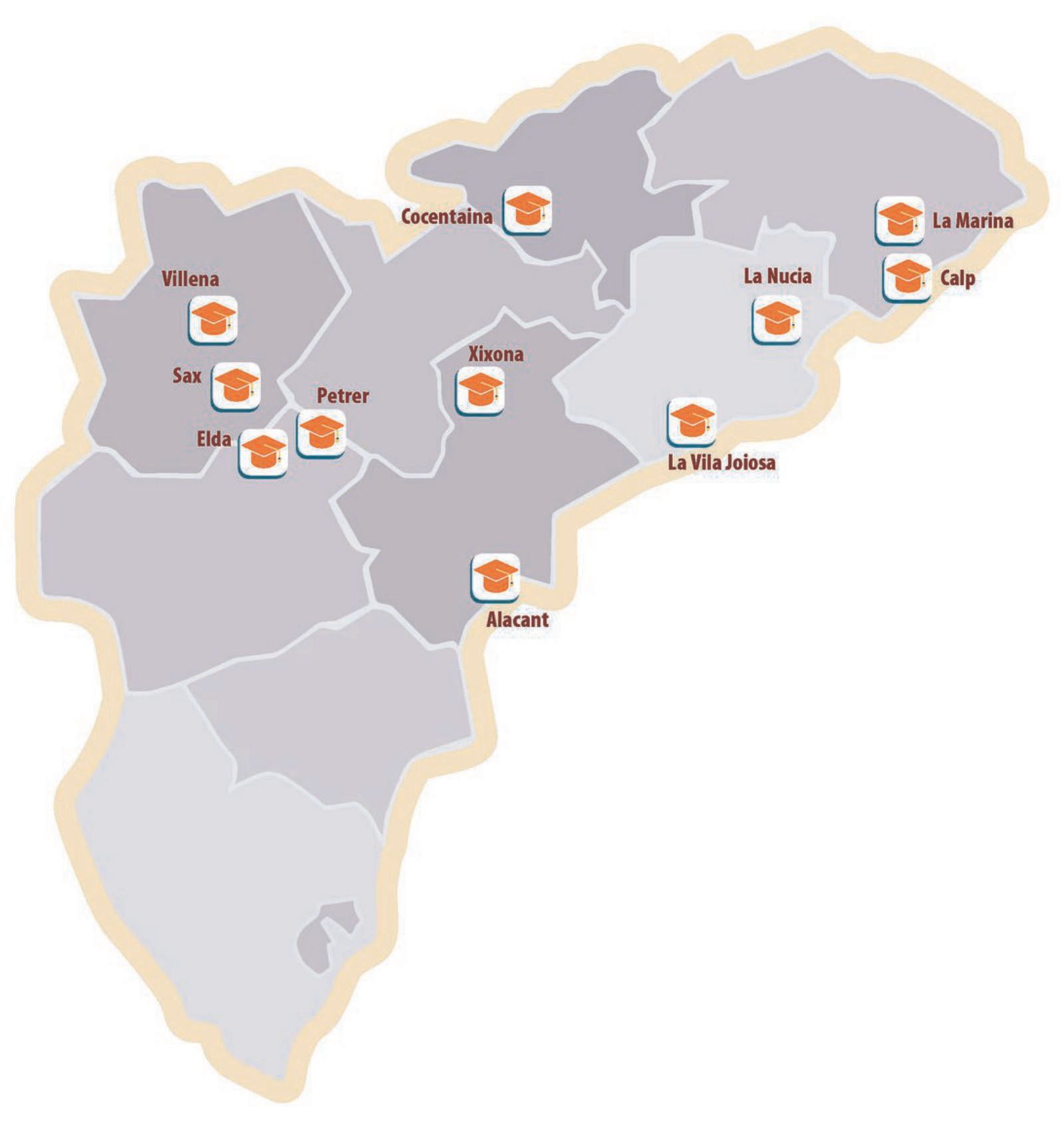 Mapa de las sedes y aulas de la UA que acogen curso. 