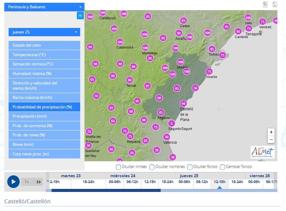 Probabilidades de precipitaciones el jueves de 12.00 a 18.00 horas.