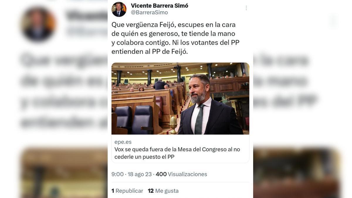 Tweet del vicepresidente Vicente Barrera.