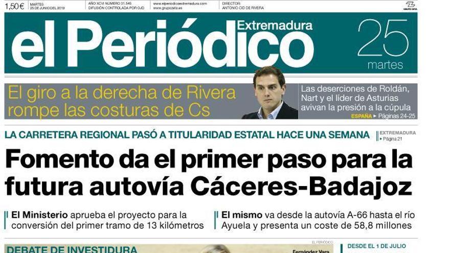 Esta es la portada de EL PERIÓDICO EXTREMADURA correspondiente al día 25 de junio del 2019