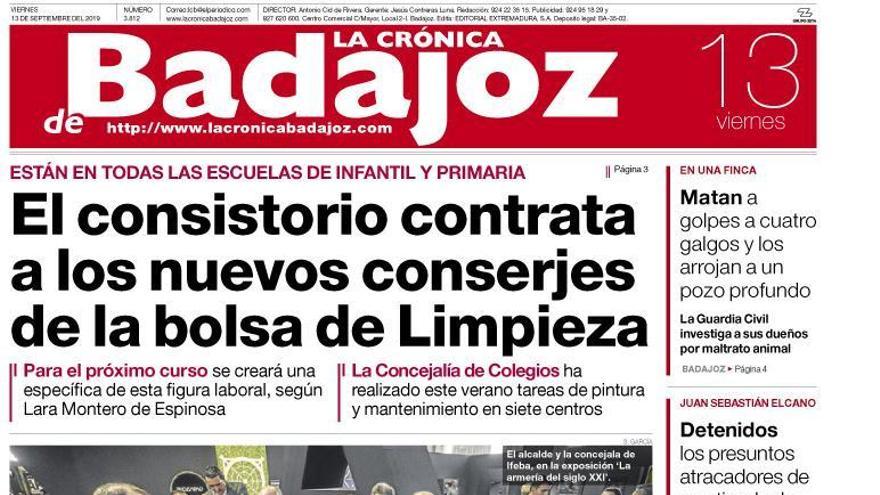 Esta es la portada de LA CRÓNICA DE BADAJOZ correspondiente al día 13 de septiembre del 2019