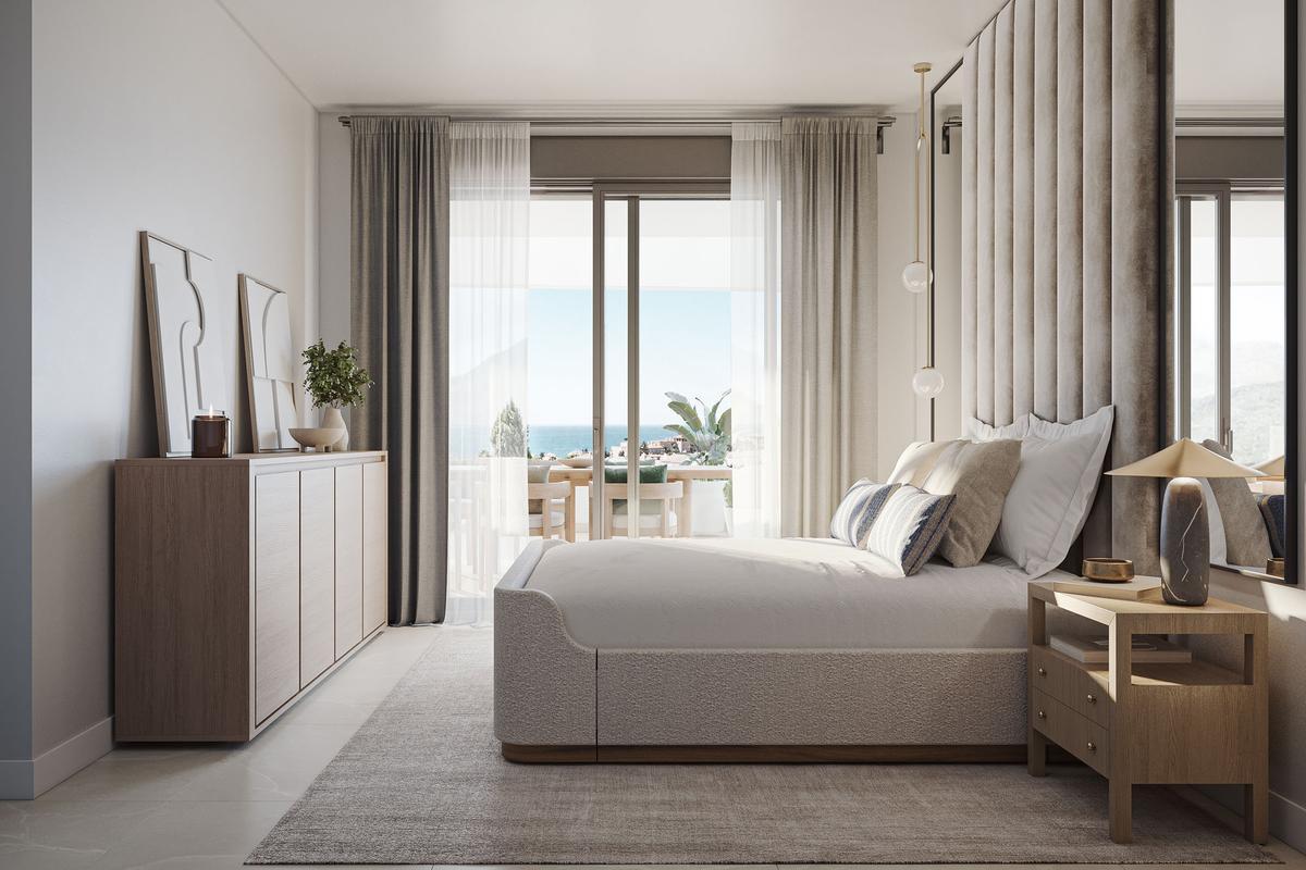 Dormitorio principal de las futuras viviendas  de la promoción Zenity Blau de AEDAS Homes en Estepona