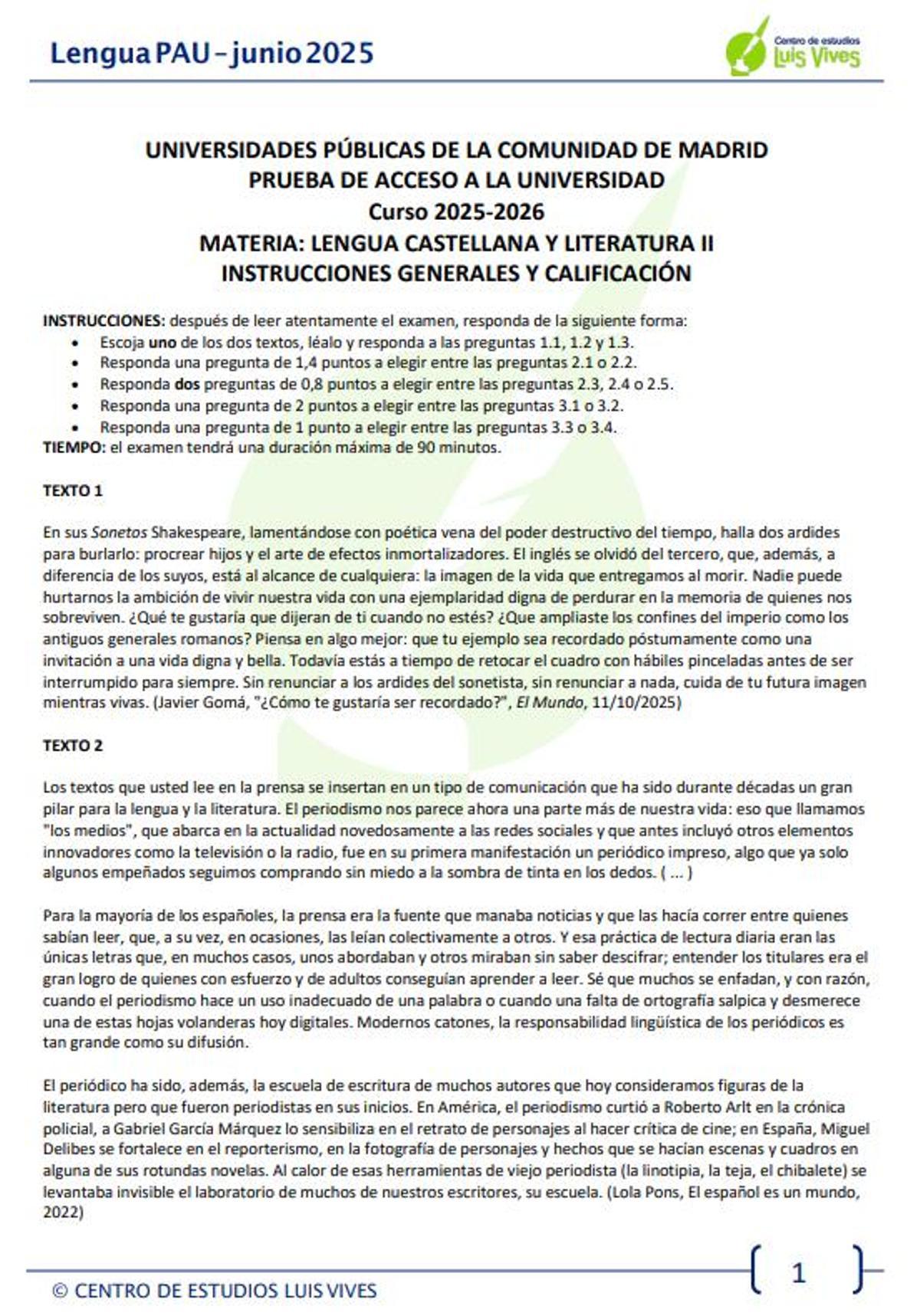 Examen de Lengua Castellana y Literatura de la PAU de Madrid en la modalidad de Ciencias y Tecnología