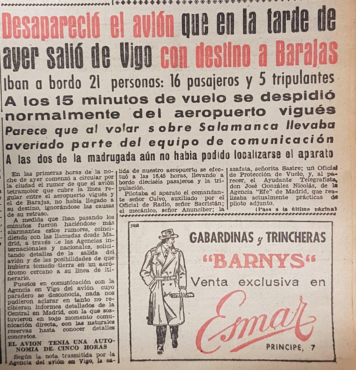 Primera noticia publicada en FARO DE VIGO el 4 de diciembre de 1958 sobre la desaparición del vuelo entre Vigo y Madrid.