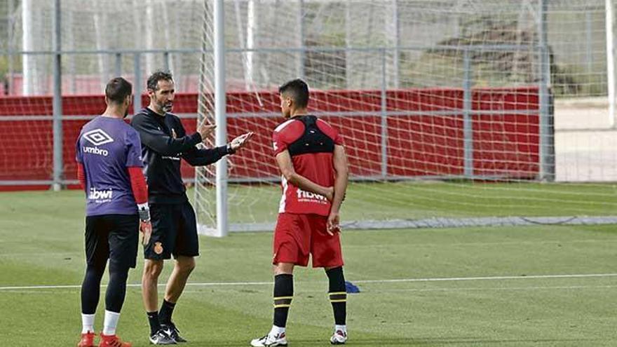 Vicente Moreno mantiene una charla con los capitanes Manolo Reina y Xisco Campos.