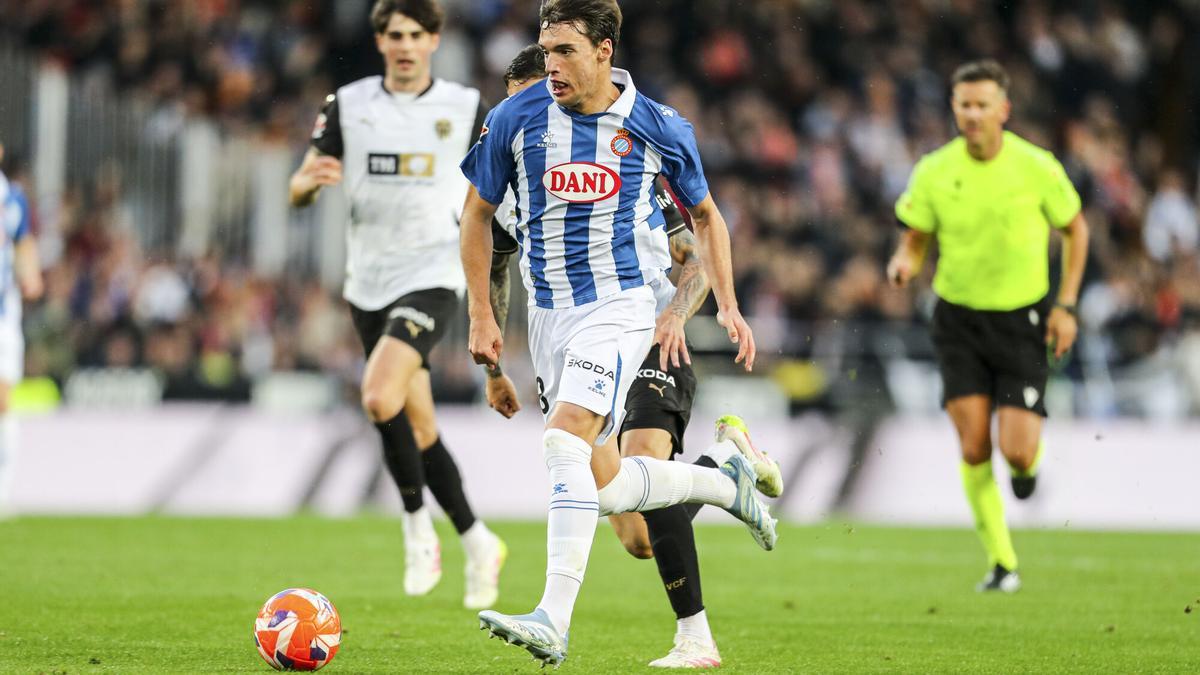 Urko Gonzalez, del Espanyol , en el partido de hoy contra el Valencia.