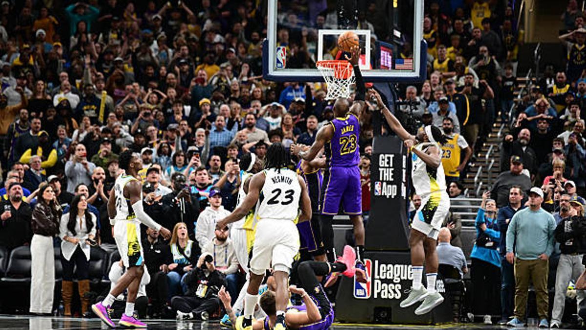 INDIANAPOLIS, IN - MARCH 26: LeBron James #23 of the Los Angeles Lakers shoots the game winning shot during the game against the Indiana Pacers on March 26, 2025 at Gainbridge Fieldhouse in Indianapolis, Indiana. NOTE TO USER: User expressly acknowledges and agrees that, by downloading and or using this Photograph, user is consenting to the terms and conditions of the Getty Images License Agreement. Mandatory Copyright Notice: Copyright 2025 NBAE (Photo by Adam Hagy/NBAE via Getty Images)