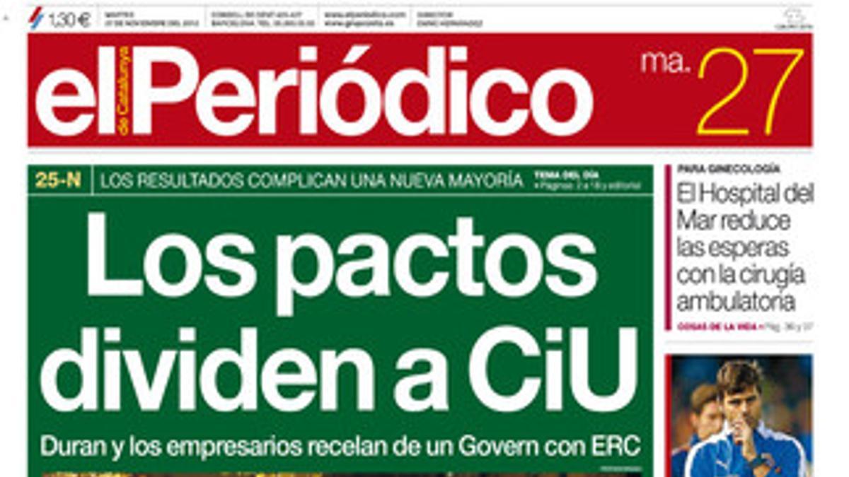La portada de EL PERIÓDICO (27-11-2012).
