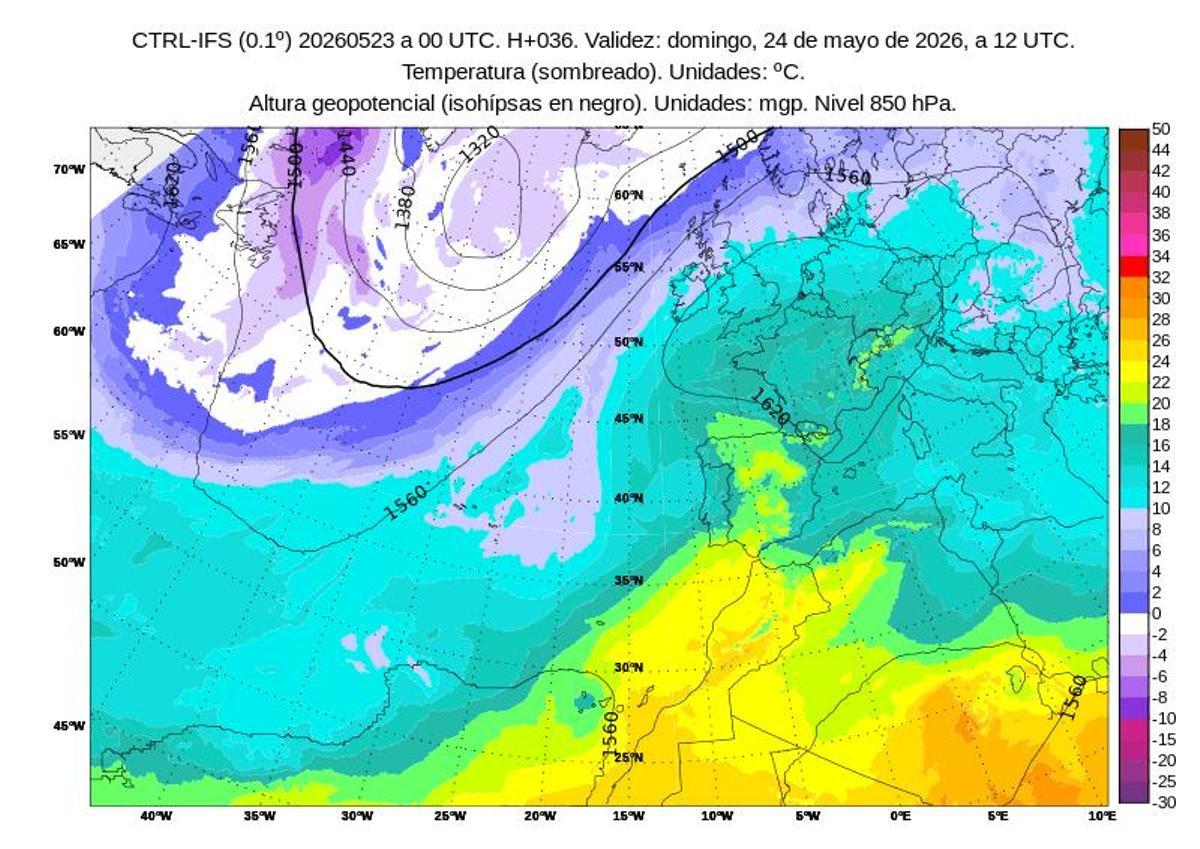 Temperaturas previstas hoy domingo, 24 de mayo, por la Aemet.