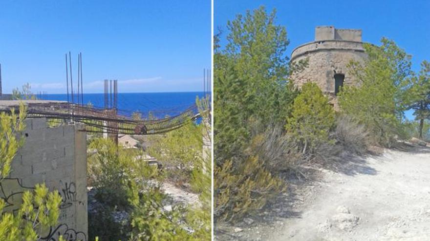 Torre de Portinatx y las obras que se encuentran sin acabar, ubicadas al lado.