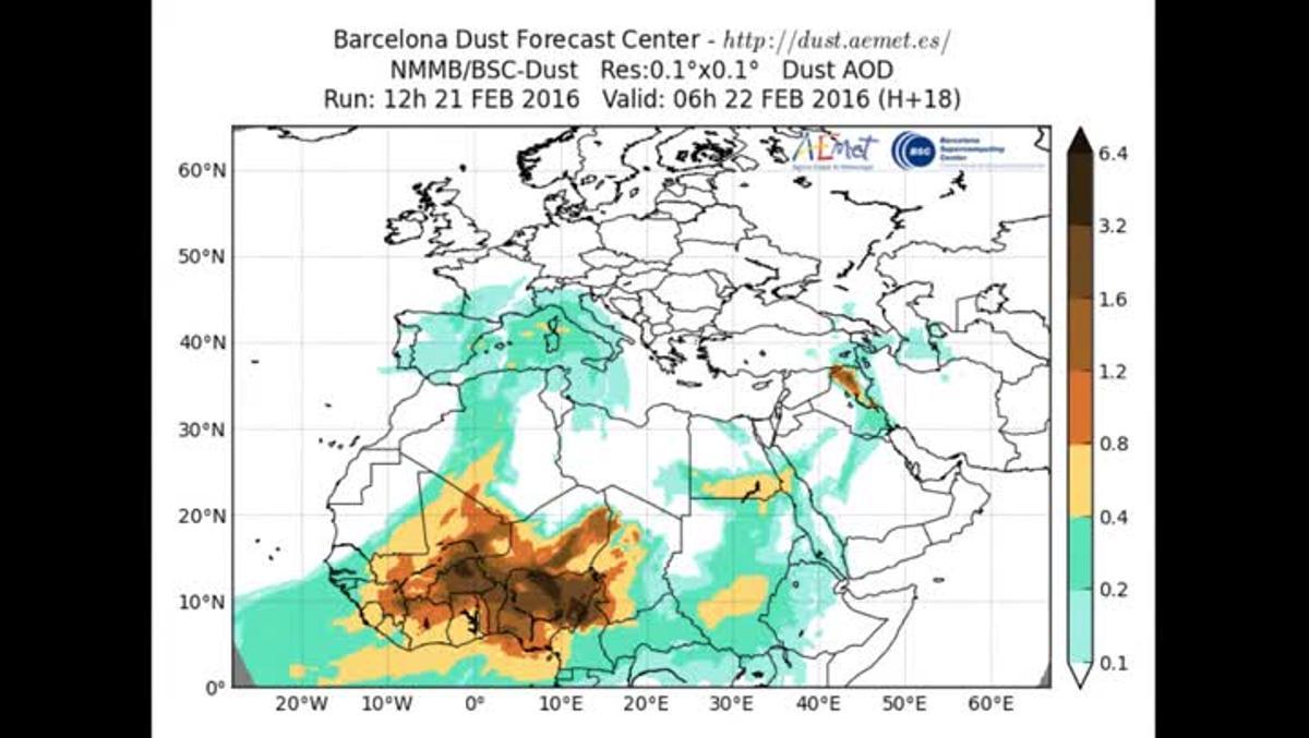 Simulació de l’evolució de la pols en suspensió segons el programa de càlcul del Barcelona Supercomputing Center (BSC).