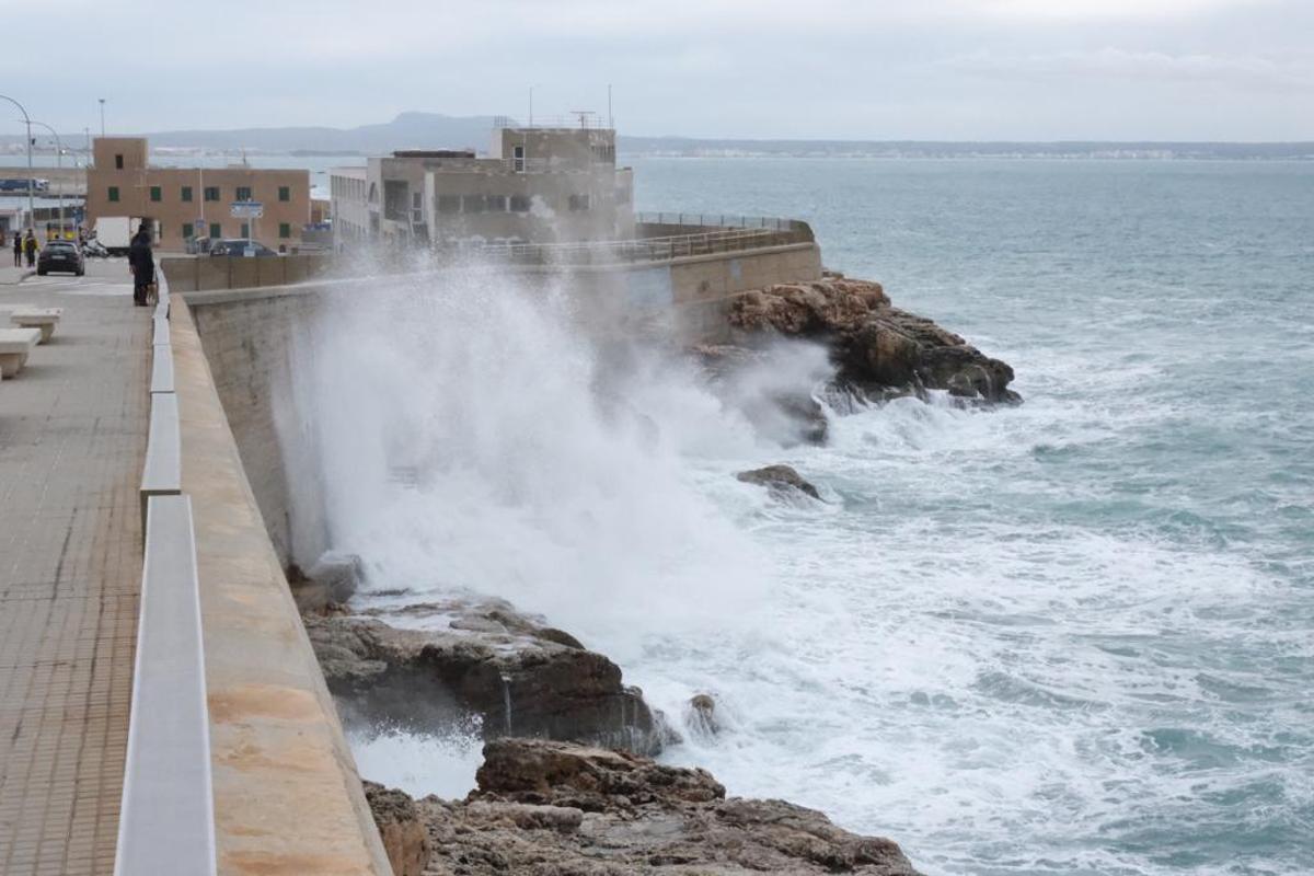 Las olas sobrepasan la altura del Dique del Oeste, en Palma