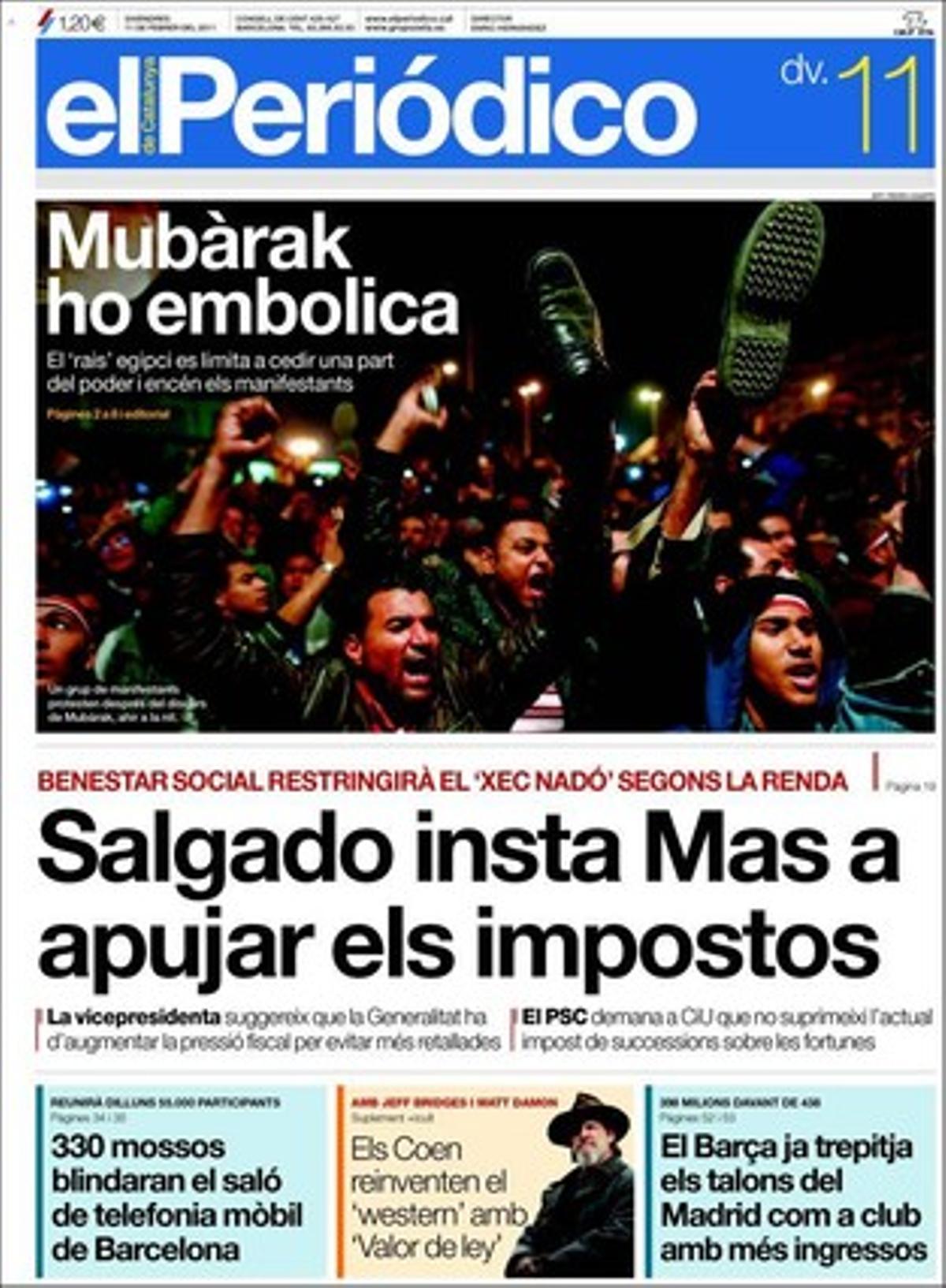 EL PERIÓDICO destaca també en pàgines interiors que els jutges francesos protesten contra les intromissions de Sarkozy; que Mas va demanar a Zapatero que porti al Constitucional Encarna Roca en lloc d’Eliseo Aja; que la Defensora del Poble suspèn la gestió d’Estrangeria a Barcelona; que les caixes d’estalvis es regiren contra el pla del Govern; que la Fiscalia acusa els propietaris de Sacresa de frau a Hisenda, i que el Barça escurça distàncies amb el Madrid, que encapçala el rànquing de clubs amb més ingressos. El ’+Icult’ presenta l’oferta cultural del cap de setmana. 
