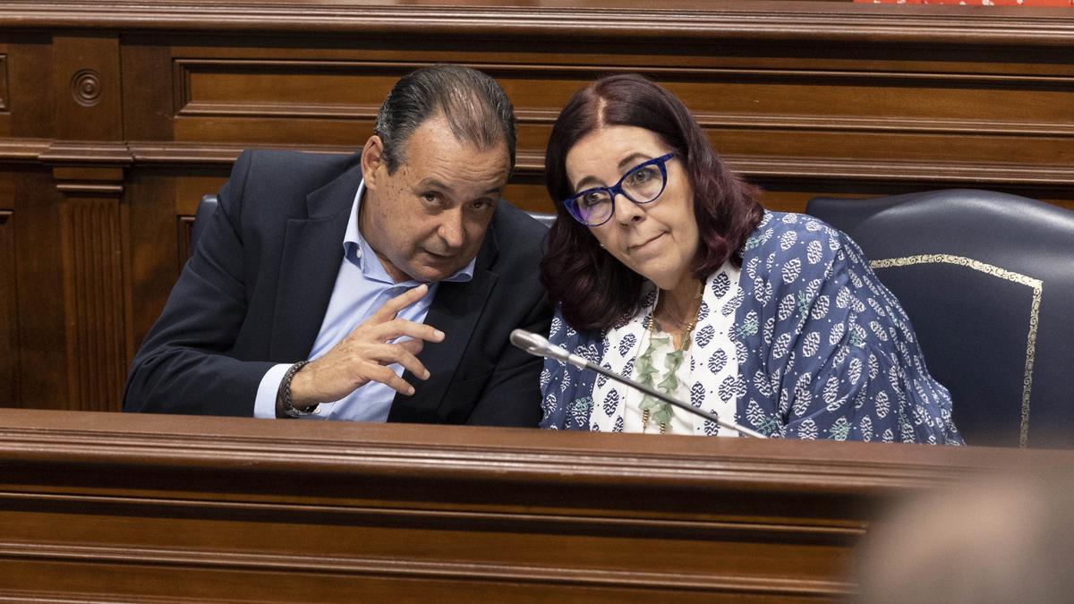 El consejero de Sanidad, Blas Trujillo, y la consejera de Educación, Manuela de Armas, durante el pleno del Parlamento.