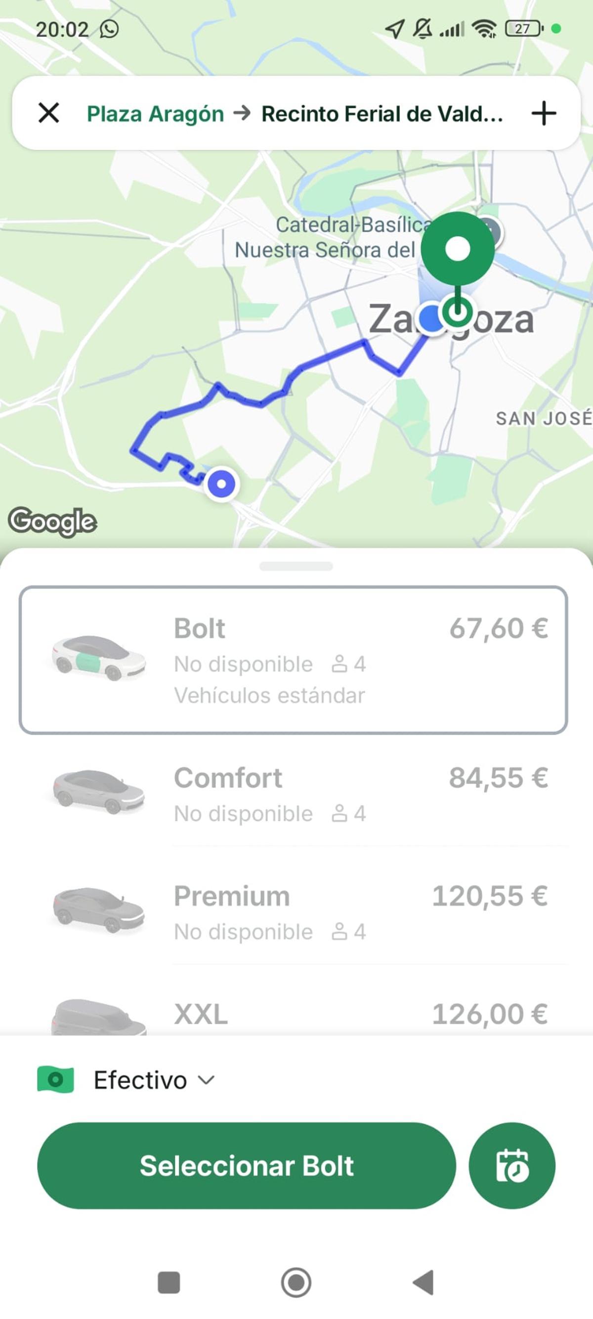 Tarifa de Bolt a las 20.02 horas desde el centro de Zaragoza hasta el Espacio Zity.