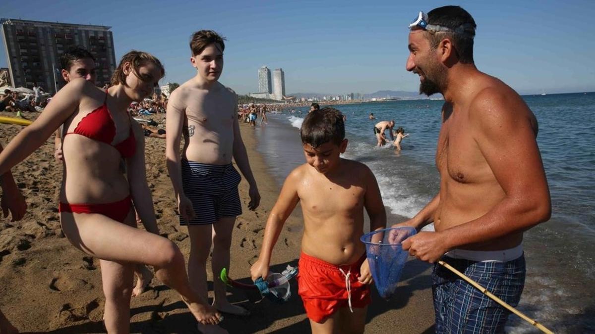 Bañistas con unas medusas recién pescadas en la playa de la Barceloneta, este lunes.