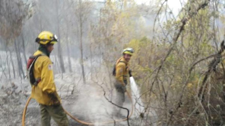 Dos bomberos ultiman las labores de extinción del incendio.