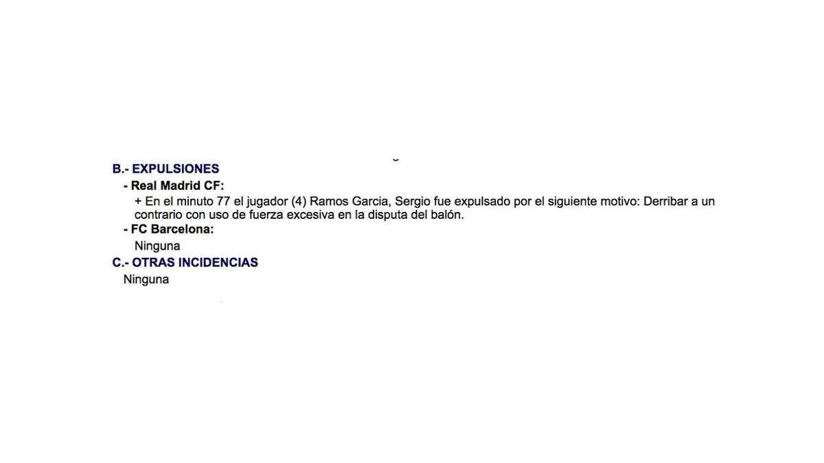 Este es el redactado del acta por lo que a la expulsión de Sergio Ramos se refiere