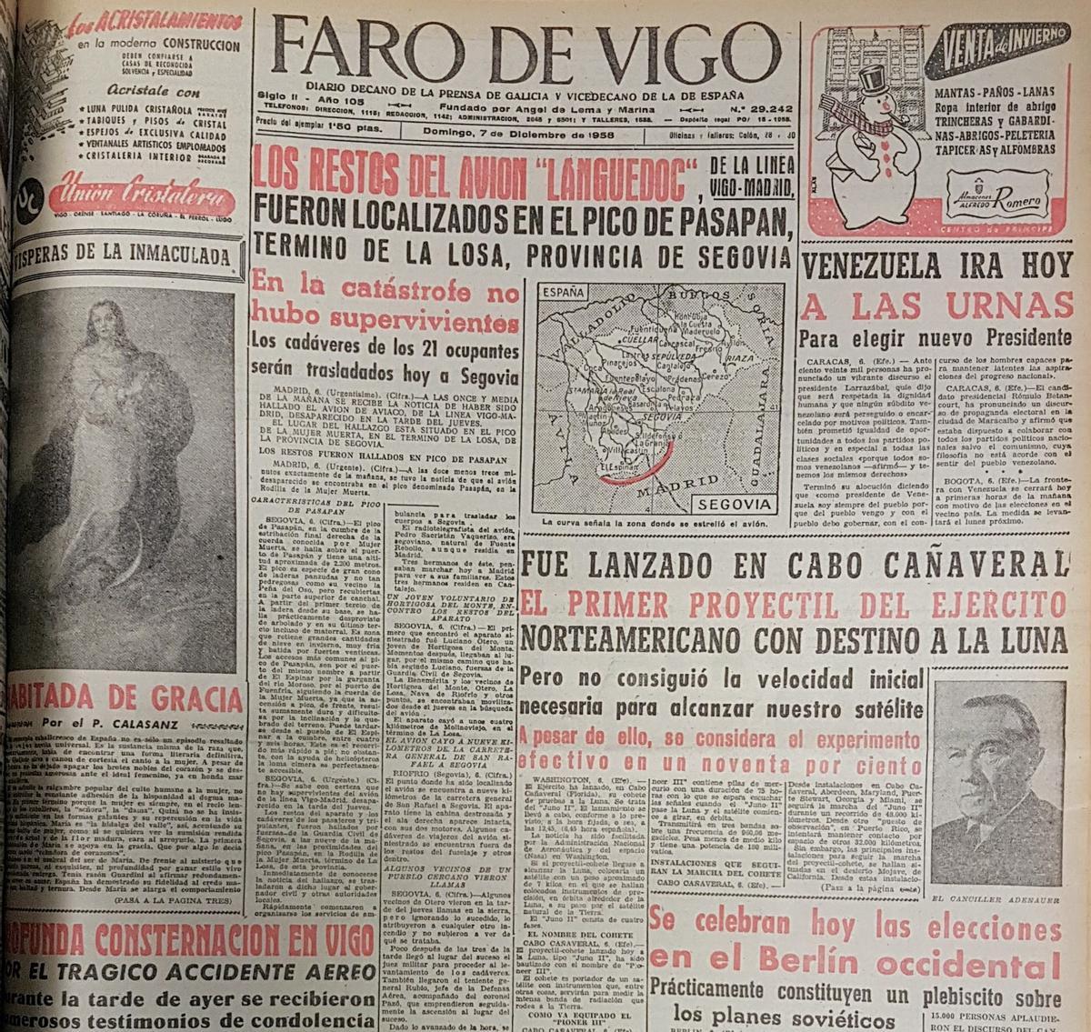 Portada de FARO DE VIGO DEL 7 de diciembre de 1958 en la que se recoge la noticia del hallazgo del avión Vigo-Madrid. / FDV