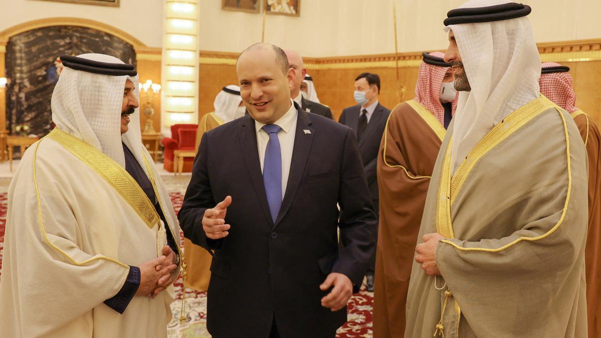 Bahrain's King Hamad bin Isa al-Khalifa receives Israeli Prime Minister Naftali Bennett at Sakhir Palace, Sakhir, Bahrain