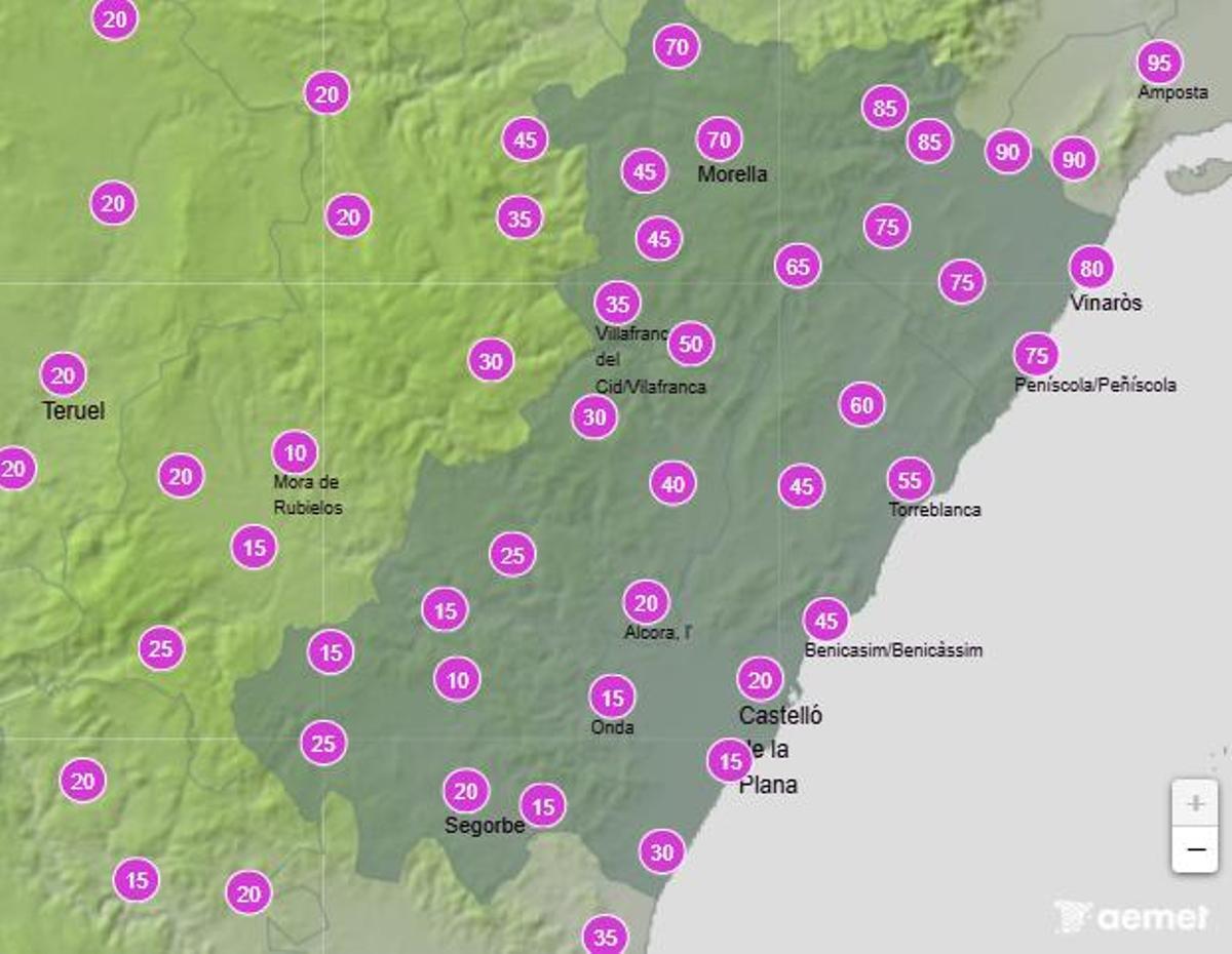 Probabilidad de lluvia en Castellón el viernes 26 entre las 18.00 y las 0.00 horas.